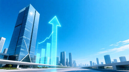 Naklejka premium Wide-angle shot of futuristic cityscape showing business growth with upward holographic chart next to modern skyscraper under clear, bright blue sky