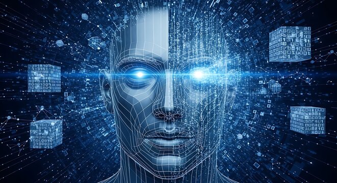 Futuristic artificial intelligence concept featuring a glowing digital human face with data cubes.