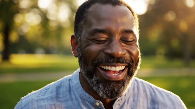 Joyful African American Man Laughing Outdoors in a Park During Golden Hour.