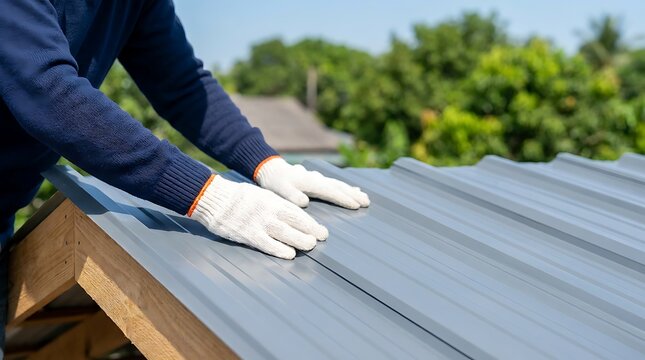 Roofer wearing protective gloves installing corrugated metal roofing sheets on wooden house frame under blue sky with lush green trees in background for home improvement.