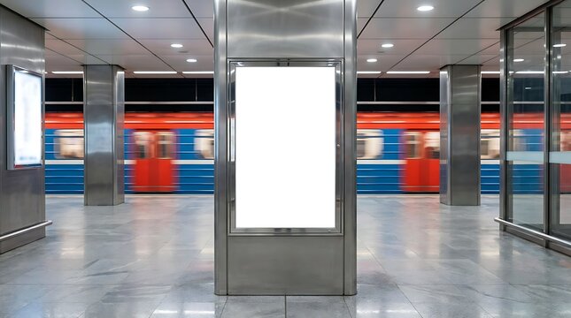 Blank white advertising billboard on metal pillar in modern subway station with blurred red and blue train passing by fast motion background empty space for text.