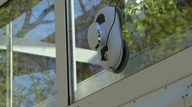 Modern cleaning robot for glass surfaces operates on a residential window.