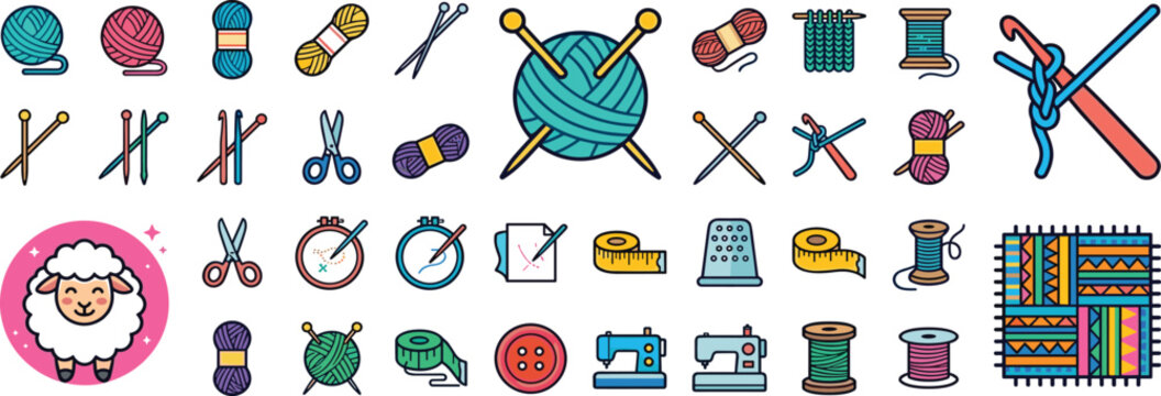 Knitting and Sewing Icon Set Featuring Yarn Balls Needles Crochet Hooks Sewing Machines Scissors and Cute Sheep for Craft Graphic Designs
