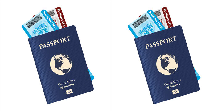 Two blue us passports with airline boarding passes, symbolizing international travel and vacation planning, isolated on transparent background