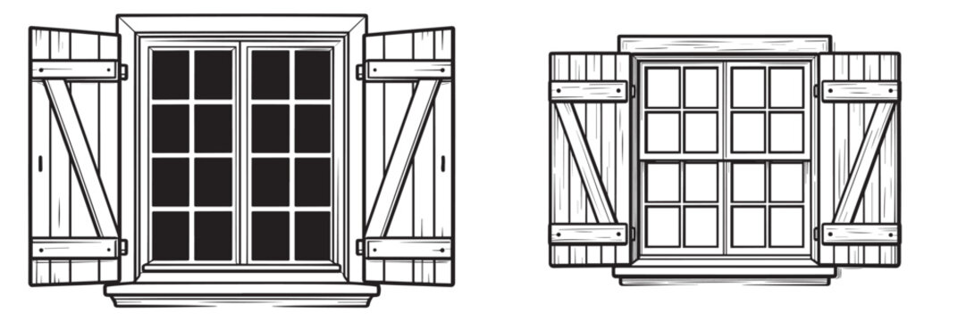 Rustic wooden window with open shutters vector illustration set in hand drawn line art style