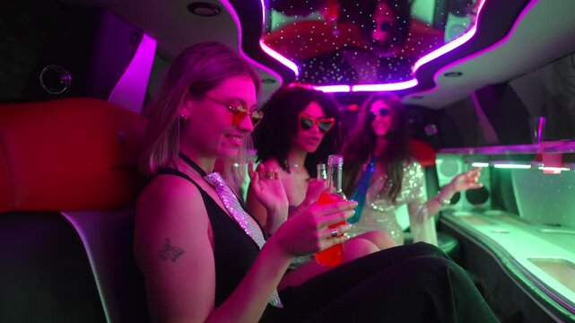 Three beautiful young women laughing and drinking together inside a luxury limousine with vibrant neon lights, celebrating a special occasion with a fun and festive girls' night out