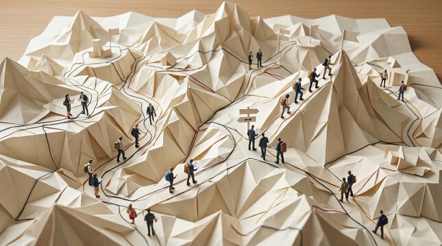 Origami paper mountain landscape with miniature figures walking along diverse paths symbolizing career choices, strategy, and team guidance