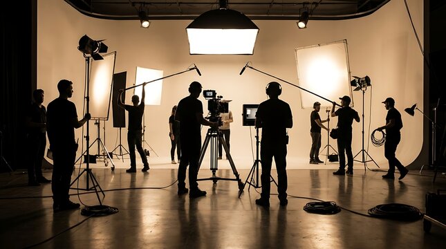 Film crew in studio setting up lights and camera equipment for production shoot with technicians and director overseeing professional broadcast recording.