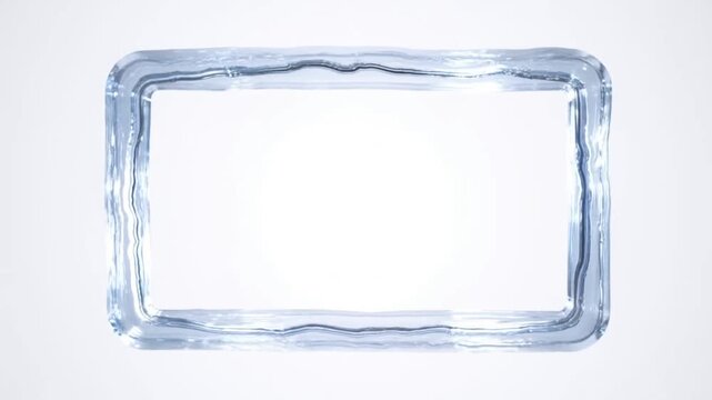 Slow motion tracking shot of rectangular water frame sliding horizontally over white studio background with minimal lighting