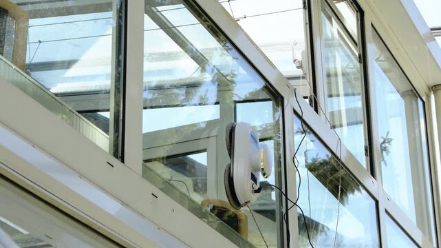 Robotic device cleans vertical glass using an automatic control system.