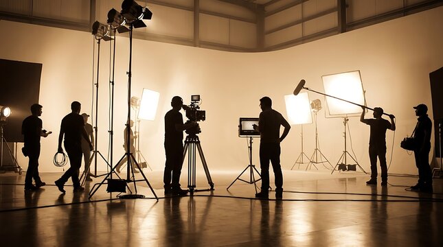 Film crew in studio setting up lights and camera equipment for production shoot with technicians and director overseeing professional broadcast recording.
