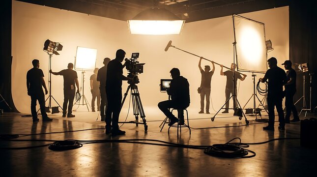 Professional film crew setting up lights and camera equipment on a film set, preparing for a shoot with actors and crew.