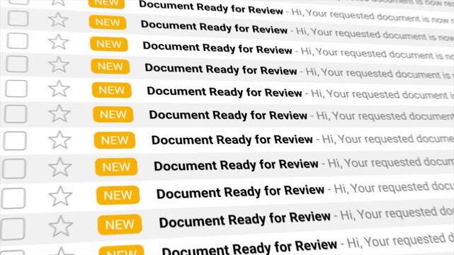 Document Ready for Review messages appear as new notifications. Ideal for depicting business processes, project management, or digital communication.