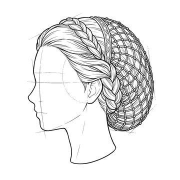 Hand drawn sketch of medieval caul hair net side profile view isolated. Line art illustration.