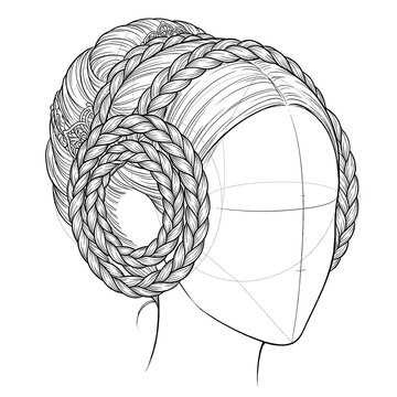 Hand drawn sketch of double braided loops over ears three quarter view isolated. Line art illustration.