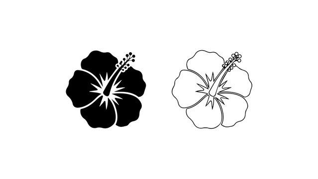 Hibiscus Flower Silhouette and Outline Icon Set
