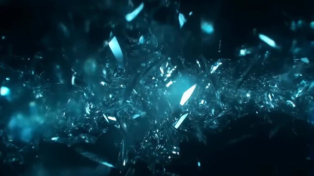 Tracking shot of glass shards floating and swirling along central axis through dark void with teal reflective highlights forward push and slow motion