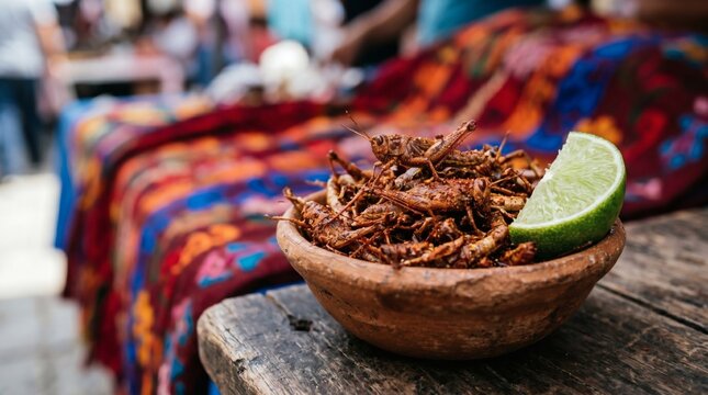 Traditional Mexican chapulines fried grasshoppers served with lime in a bowl