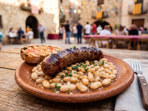 Catalan butifarra sausage with white beans at a traditional Spanish festival
