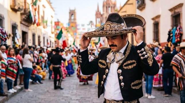 Mexican charro in traditional costume adjusts his sombrero at a street festival