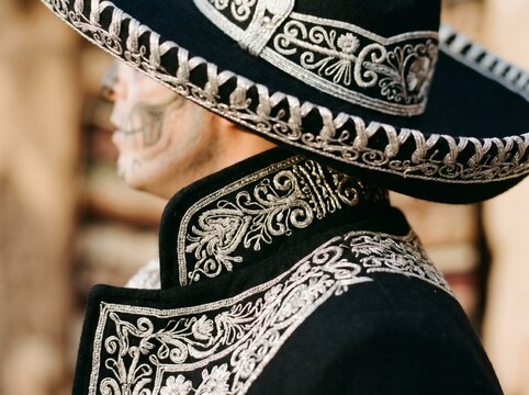 Traditional Mexican charro suit with silver embroidery for Day of the Dead