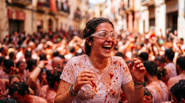 Happy woman wearing swimming goggles laughing at La Tomatina festival in Spain