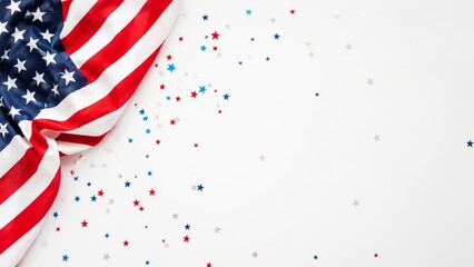 Obraz premium A close-up view of an American flag edge with star-shaped confetti in red, white, and blue colors scattered on a plain white surface for holiday decoration