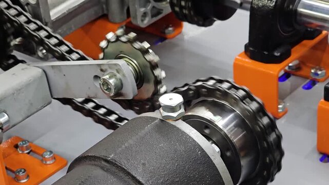 Close-Up of Industrial Machine Chain Drive Transmission System with Sprockets and Shafts