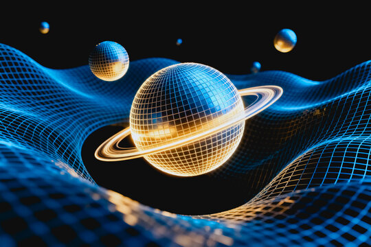 A 3D digital illustration of planets with glowing grids on a curved wireframe space grid, representing cosmic concepts.