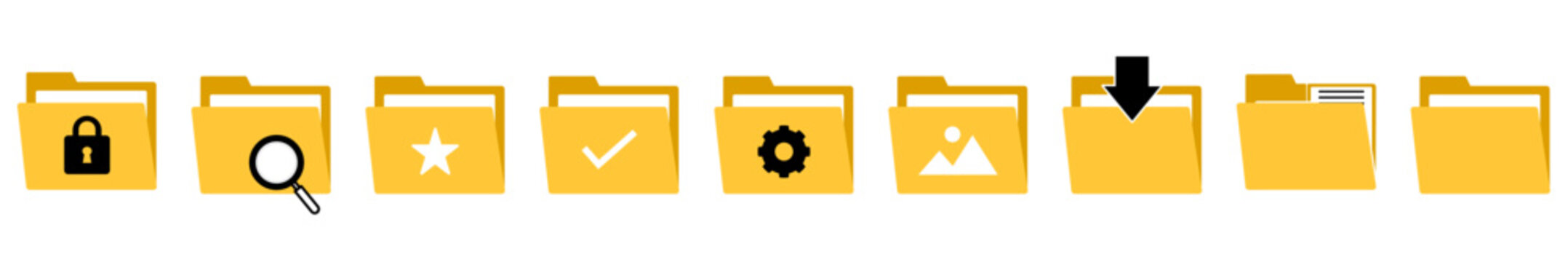 Yellow file folders with various black and white action icons.