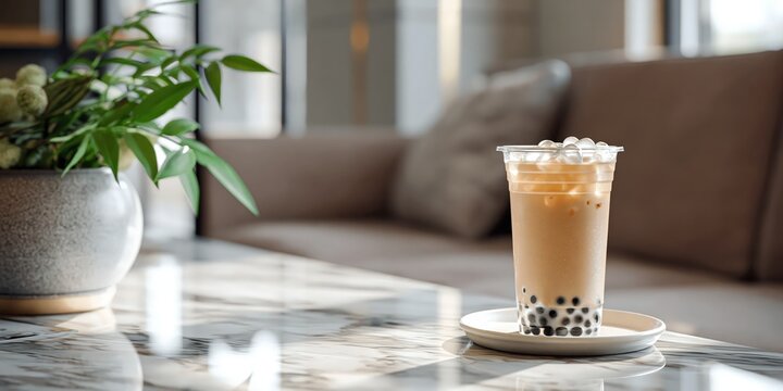 Refreshing bubble milk tea with tapioca pearls and ice
