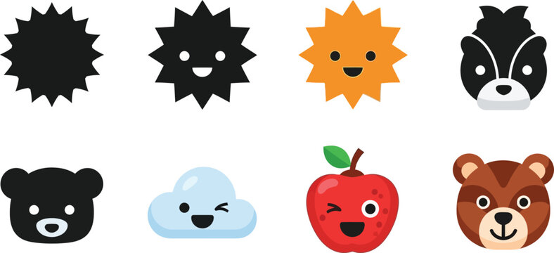 Animal Face Icons Set with Cute Smiling Expressions, Flat Vector Graphics and Copy Space