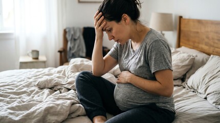 Obraz premium Distressed pregnant woman sits on bed, holding her head in discomfort. Portrays emotional and physical challenges like stress, anxiety, and exhaustion during pregnancy