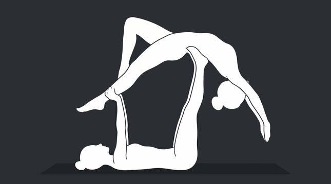 Dynamic vector art depicting a duo of figures masterfully performing an advanced acroyoga position, showcasing incredible human balance, strength, and harmonious flexibility