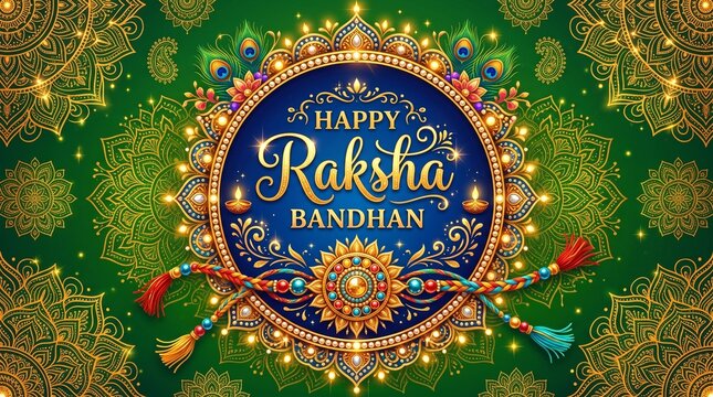 Festive raksha bandhan greeting with ornate rakhi and bokeh lights, floral patte