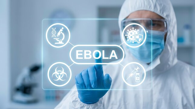 Scientist in protective suit points to holographic screen displaying ebola virus research and icons for safety and treatment.