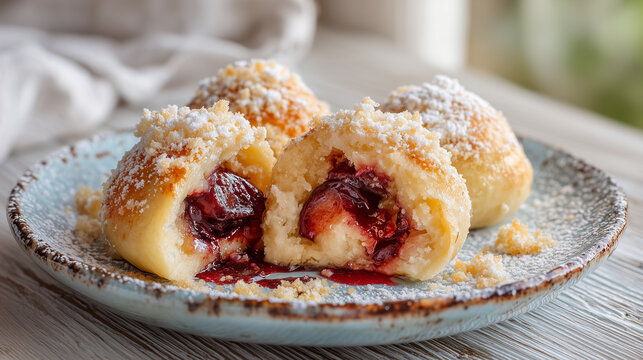 Close up of traditional sweet plum dumplings cut in half with juicy fruit filling spilling out, topped with breadcrumbs and powdered sugar.