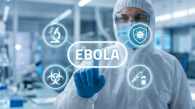 Scientist in hazmat suit touches screen displaying ebola virus information microscopic analysis biohazard vaccine research protection science.