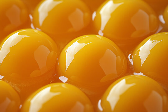 Fresh raw egg yolks macro close-up with glossy golden texture, realistic organic food background, ideal for culinary, nutrition, cooking, organic ingredient, and healthy food concepts.