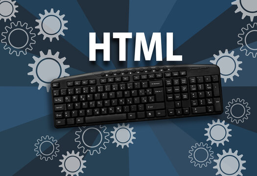 PC keyboard with word html on dark blue  background. HyperText Markup Language
