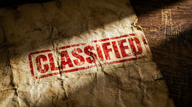 Grunge Classified Red Stamp on Aged Crumpled Paper Texture, Vintage Secret Government Document Confidential File Concept Background
