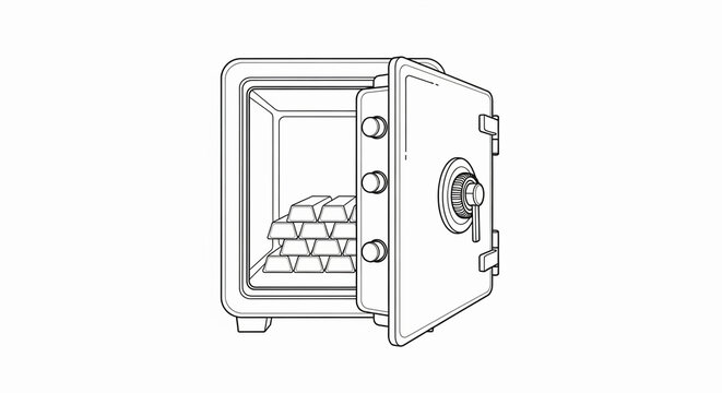 Open safe revealing a hoard of shiny gold bullion bars, representing wealth, security, and investment, depicted in a clean, minimalist line art style with a white background.