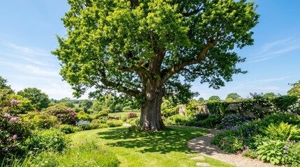 Fototapeta premium Majestic Green Tree in a Lush Garden Landscape