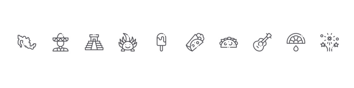 set of 10 thin line mexico icons such as mexico, mariachi, kukulkan, ajolote, ice pop, burrito, tacos, guitar, lime, fireworks. editable stroke vector illustration isolated on white