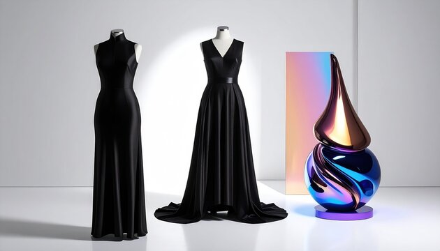 Two elegant black gowns on mannequins flank a surreal, iridescent sculpture