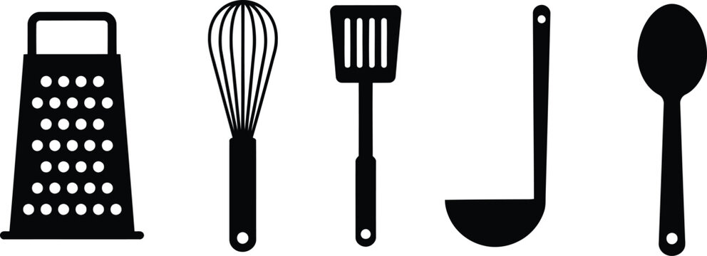 Black kitchen utensil icons including grater whisk spatula ladle and spoon on white background