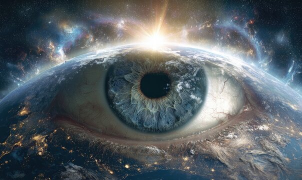 A surreal composite, an eye formed by Earth against the background of nebulae and the cosmos