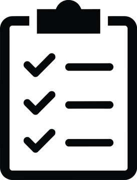 Black and white clipboard icon with checklist task list or to do list symbol