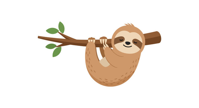 Cute sloth hanging on branch, brown furry animal, tree limb, green leaves, wildlife illustration isolated on White Background Vactor EPS