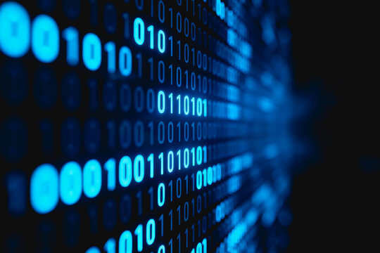 Glowing blue binary code arranged in a digital matrix, representing data and modern technology.